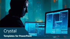  Presentation with dark web - PPT layouts featuring computer-hacker-in-hoodie-obscured background and a ocean colored foreground