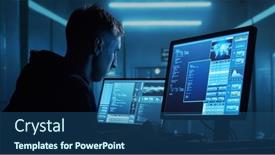  Presentation with dark web - PPT theme featuring computer-hacker-in-hoodie-obscured background and a ocean colored foreground