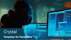  Presentation with dark web - Presentation design with computer-hacker-in-hoodie-obscured background and a ocean colored foreground
