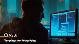  Presentation with computer attack - Theme featuring computer-hacker-in-hoodie-obscured background and a black colored foreground