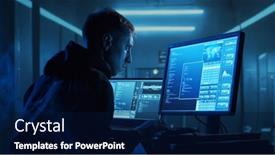  Presentation with dark web - PPT theme having computer-hacker-in-hoodie-obscured background and a navy blue colored foreground