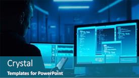  Presentation with computer attack - Slide deck enhanced with computer-hacker-in-hoodie-obscured background and a teal colored foreground