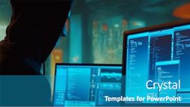  Presentation with dark web - PPT theme featuring computer-hacker-in-hoodie-obscured background and a teal colored foreground