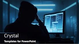  Presentation with computer hacker - Presentation design featuring computer-hacker-in-hoodie-obscured background and a black colored foreground