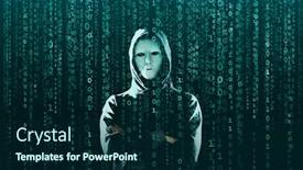  Presentation with computer hacker - Presentation theme featuring computer-hacker-in-mask background and a navy blue colored foreground