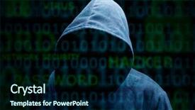 Presentation with computer hacker - Cool new slide deck with computer hacker silhouette of hooded backdrop and a navy blue colored foreground
