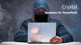  Presentation with computer hacker - Audience pleasing slide deck consisting of computer hacker working in dark room backdrop and a ocean colored foreground