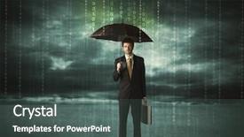 Presentation with umbrella protection - PPT theme with computer hacking - business man standing with umbrella background and a dark gray colored foreground