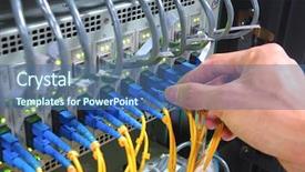  Presentation with datacenter - Slide deck consisting of computer hardware - hand with fiber cables connected background and a ocean colored foreground