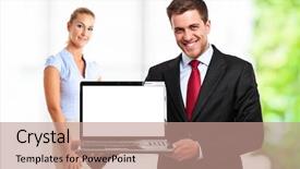  Presentation with laptop computers around the world - Theme enhanced with computer hardware - handsome man holding a laptop background and a coral colored foreground