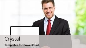  Presentation with executive summary - Beautiful presentation theme featuring computer hardware software - smiling executive holding a laptop backdrop and a  colored foreground