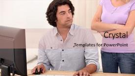  Presentation with technical support - PPT theme enhanced with computer hardware store - male technical support background and a coral colored foreground