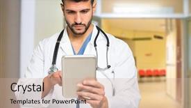  Presentation with tablet - PPT theme having computer health - handsome doctor using a tablet background and a soft green colored foreground