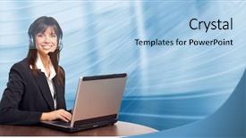  Presentation with blue business - PPT theme enhanced with customer service free - beautiful business woman with headset background and a light blue colored foreground