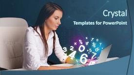  Presentation with desk - Slides featuring computer icon - beautiful young woman sitting background and a ocean colored foreground