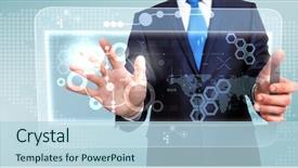  Presentation with digital - Audience pleasing PPT layouts consisting of computer icon - businessman in blue suit working backdrop and a light blue colored foreground
