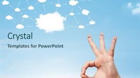  Presentation with human face set of faces - Presentation consisting of computer icon - finger smiley faces on hand background and a  colored foreground