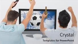  Presentation with impact - Presentation theme featuring computer impact - two excited men cheering background and a light gray colored foreground