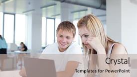  Presentation with college students and laptop - Presentation theme consisting of computer in a college university background and a mint green colored foreground