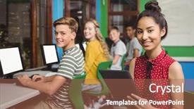  Presentation with school computer labs - Audience pleasing slides consisting of computer in classroom at school backdrop and a coral colored foreground