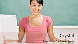  Presentation with school desk - Beautiful slides featuring computer in school classroom backdrop and a coral colored foreground