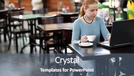  Presentation with group of three young girl - Colorful presentation design enhanced with computer in the cafe backdrop and a  colored foreground