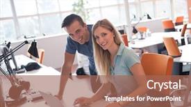  Presentation with human resource - Slide deck enhanced with computer in urban alternative background and a coral colored foreground