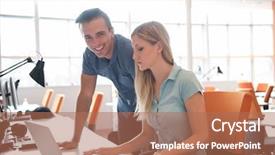  Presentation with human resource - Slide set consisting of computer in urban alternative background and a coral colored foreground