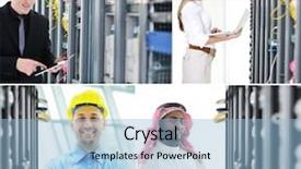  Presentation with data communications - Audience pleasing PPT theme consisting of computer information system - confident engineers working in server backdrop and a light blue colored foreground