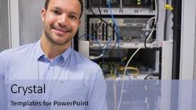  Presentation with data - Presentation theme consisting of computer information system - man smiling and standing background and a light blue colored foreground