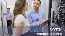  Presentation with servers - Beautiful PPT layouts featuring computer information system - two people checking servers backdrop and a ocean colored foreground