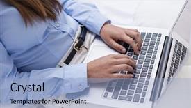  Presentation with laptop - PPT layouts enhanced with computer keyboard - close-up view of hands using background and a light blue colored foreground