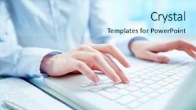  Presentation with hands and word volunteer - Audience pleasing PPT theme consisting of computer keyboard - hands of white collar worker backdrop and a cool aqua colored foreground