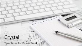  Presentation with architectural drawings - Audience pleasing presentation design consisting of computer keyboard calculator notepad ink backdrop and a  colored foreground