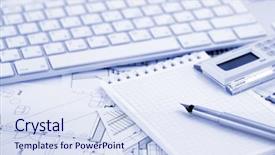  Presentation with architectural drawings - Beautiful slide deck featuring computer keyboard calculator notepad ink pen and architectural drawings of the modern house backdrop and a sky blue colored foreground