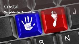 Presentation with kids hand prints paint - PPT theme consisting of computer keyboard with printout background and a dark gray colored foreground