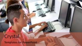  Presentation with class - PPT theme featuring computer labratory - group of young people background and a red colored foreground