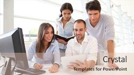  Presentation with team training - Audience pleasing presentation theme consisting of team work laboratory - group of young people backdrop and a lemonade colored foreground