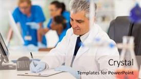  Presentation with medical science equipment research laboratory - Beautiful PPT theme featuring computer labratory - cheerful middle aged medical researcher backdrop and a lemonade colored foreground