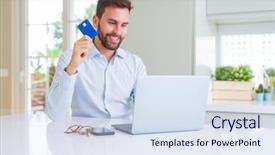  Presentation with online shopping - Presentation theme featuring computer laptop and credit card background and a  colored foreground