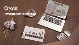  Presentation with desk - Audience pleasing slide deck consisting of computer laptop on wooden desk backdrop and a  colored foreground