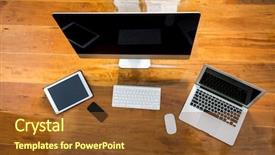  Presentation with smart phone apps - Presentation theme featuring computers tablets phones - computer laptop tablet smart phone background and a tawny brown colored foreground