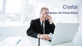  Presentation with talking on phone - Cool new presentation theme with computer leadership - elderly business man talking backdrop and a sky blue colored foreground