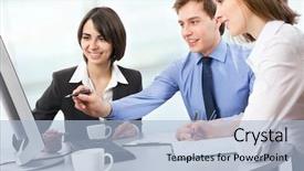  Presentation with young business people - Beautiful presentation theme featuring computer leadership - young business people discussing backdrop and a light blue colored foreground