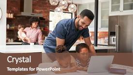  Presentation with homework - PPT layouts having father helps children with homework whilst mother with baby uses laptop in kitchen background and a tawny brown colored foreground