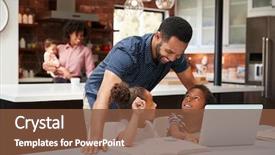  Presentation with helping hands children - PPT theme featuring father helps children with homework whilst mother with baby uses laptop in kitchen background and a tawny brown colored foreground