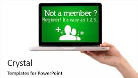  Presentation with laptop - Amazing slide deck having computer login - hand holding laptop with register backdrop and a white colored foreground