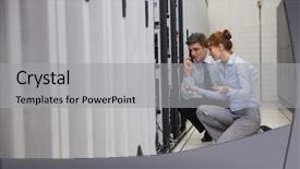  Presentation with servers - Presentation theme featuring computer maintenance - team of technicians kneeling background and a light gray colored foreground