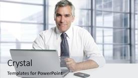  Presentation with wrinkles gray hair - Theme with computer management - businessman senior gray hair working background and a light gray colored foreground