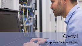  Presentation with servers - Presentation having computer memory - man repairing servers in data background and a light blue colored foreground